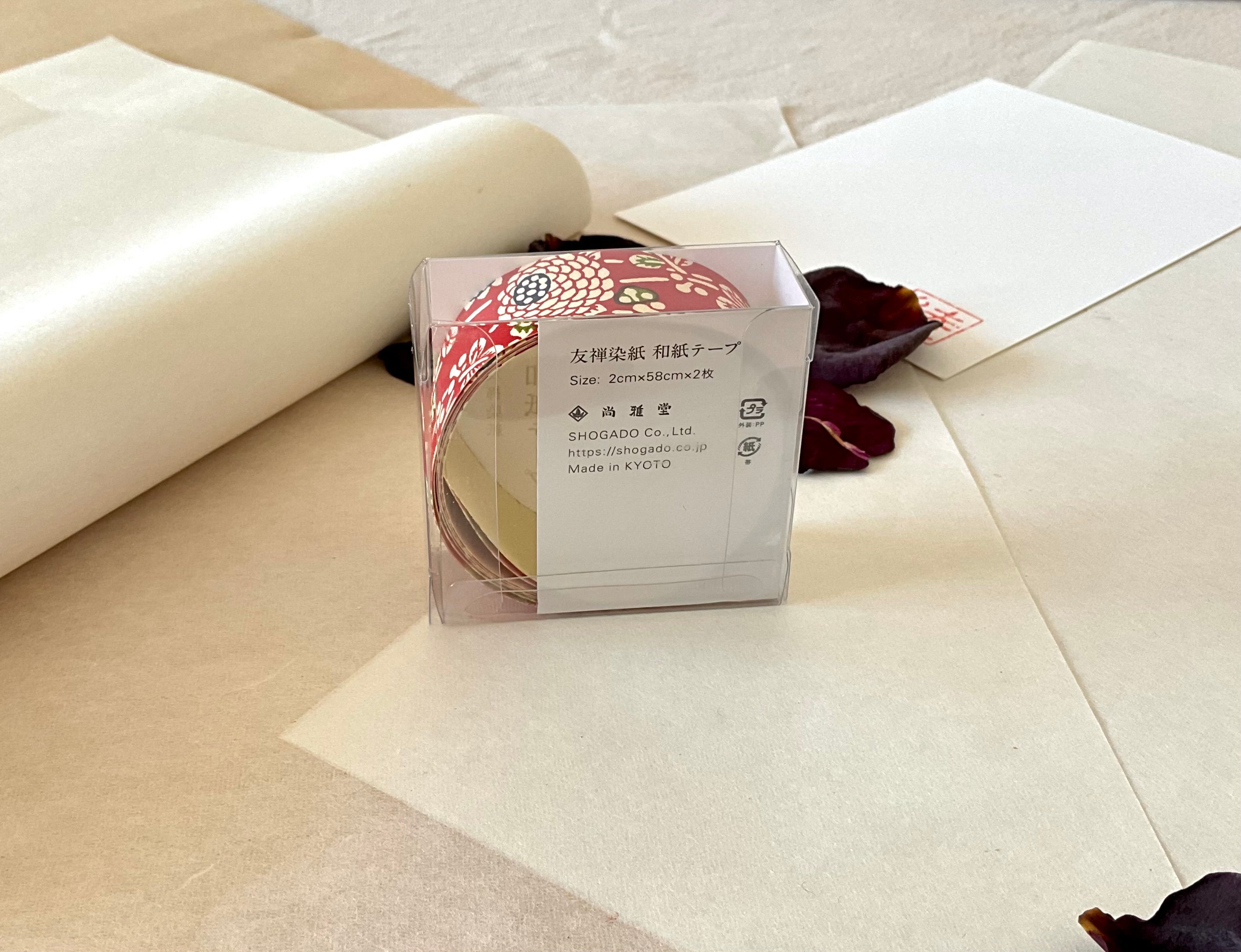 Back of Shogado yuzen washi tape box showing Japanese product information including material, size 2cm by 58cm, and two sheets same pattern, on layered washi paper background