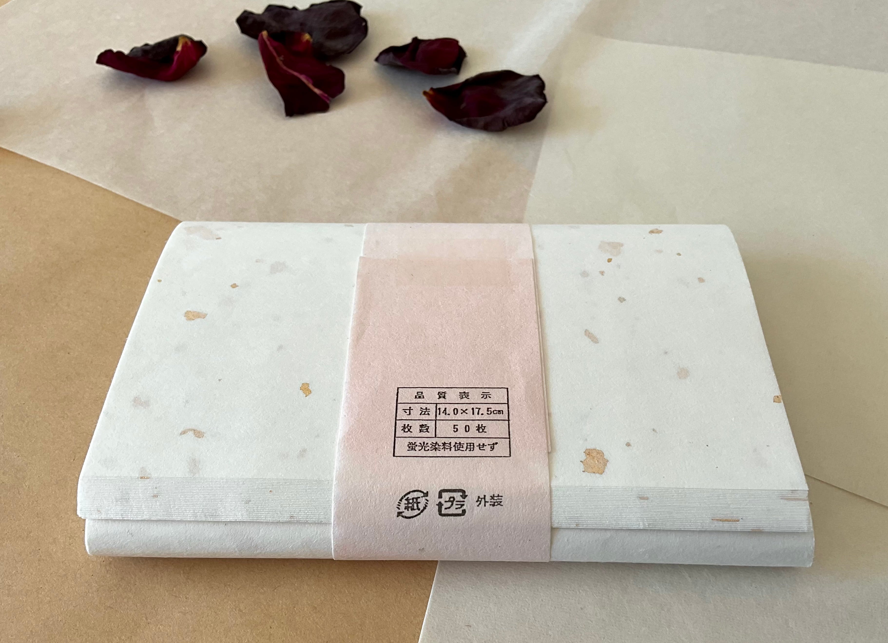 Back of Kyoto Unryu Sunago washi paper pack with handmade kozo sheets visible underneath original packaging