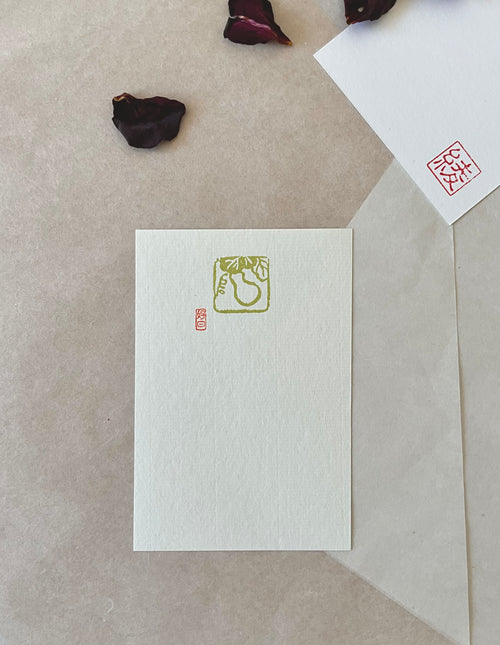 Genro Kojitsu Hagaki gourd postcard single showing botanical gourd illustration with red seal stamp