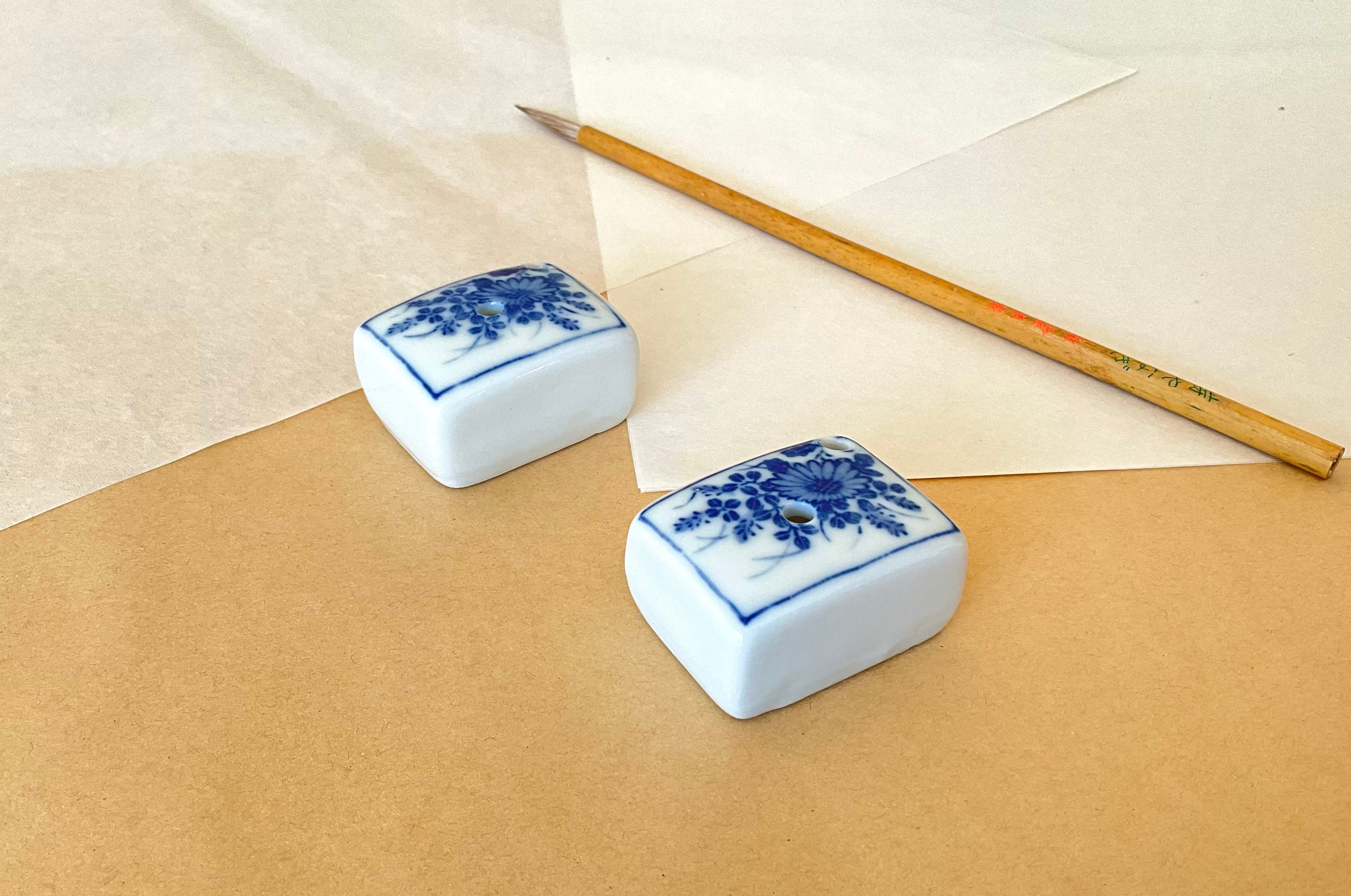 Japanese Porcelain Water Dripper - Sometsuke Floral Ceramic for Ink Grinding
