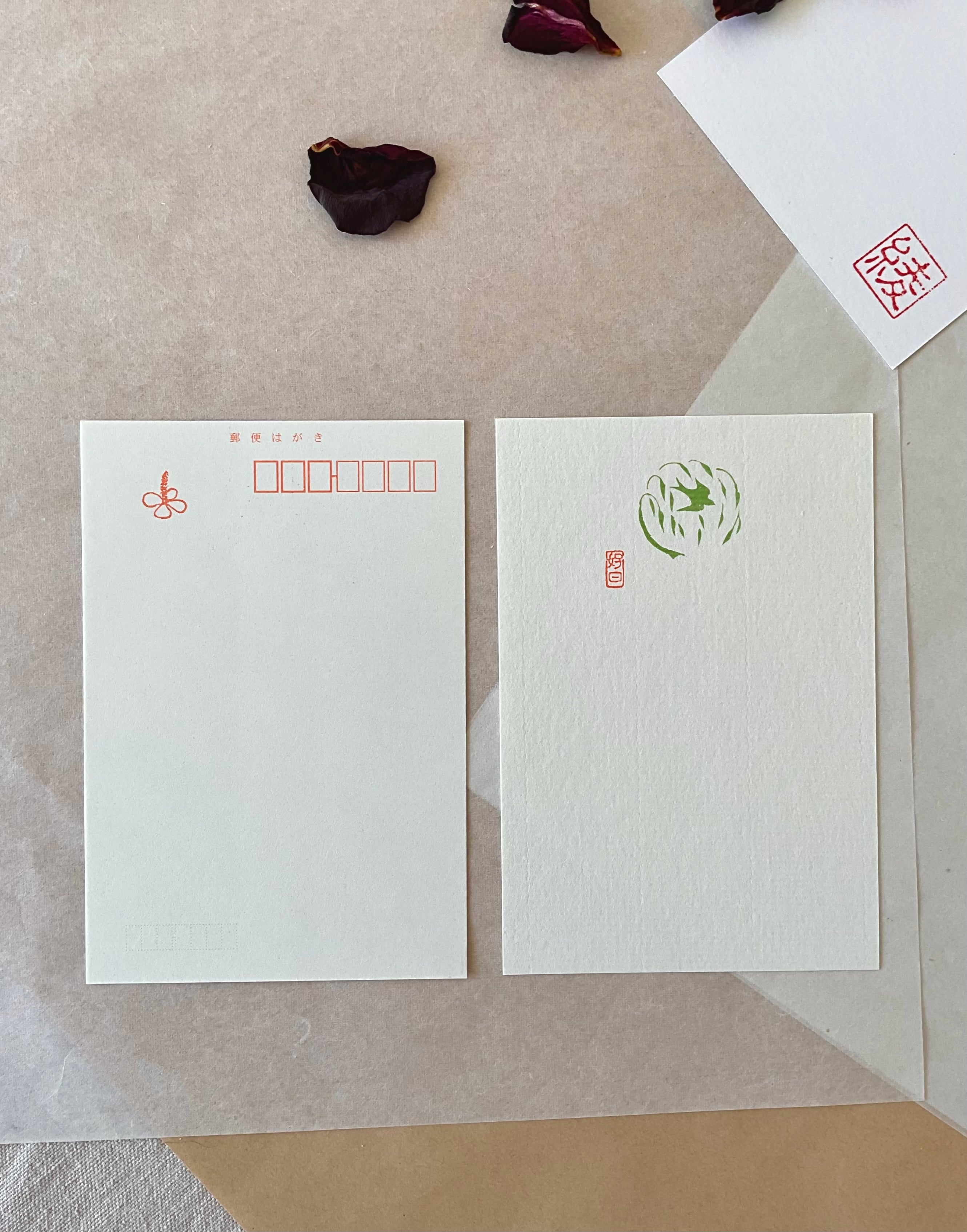 Tsubame postcard front and back showing Kyukyodo plum blossom mark and swallow motif on washi paper