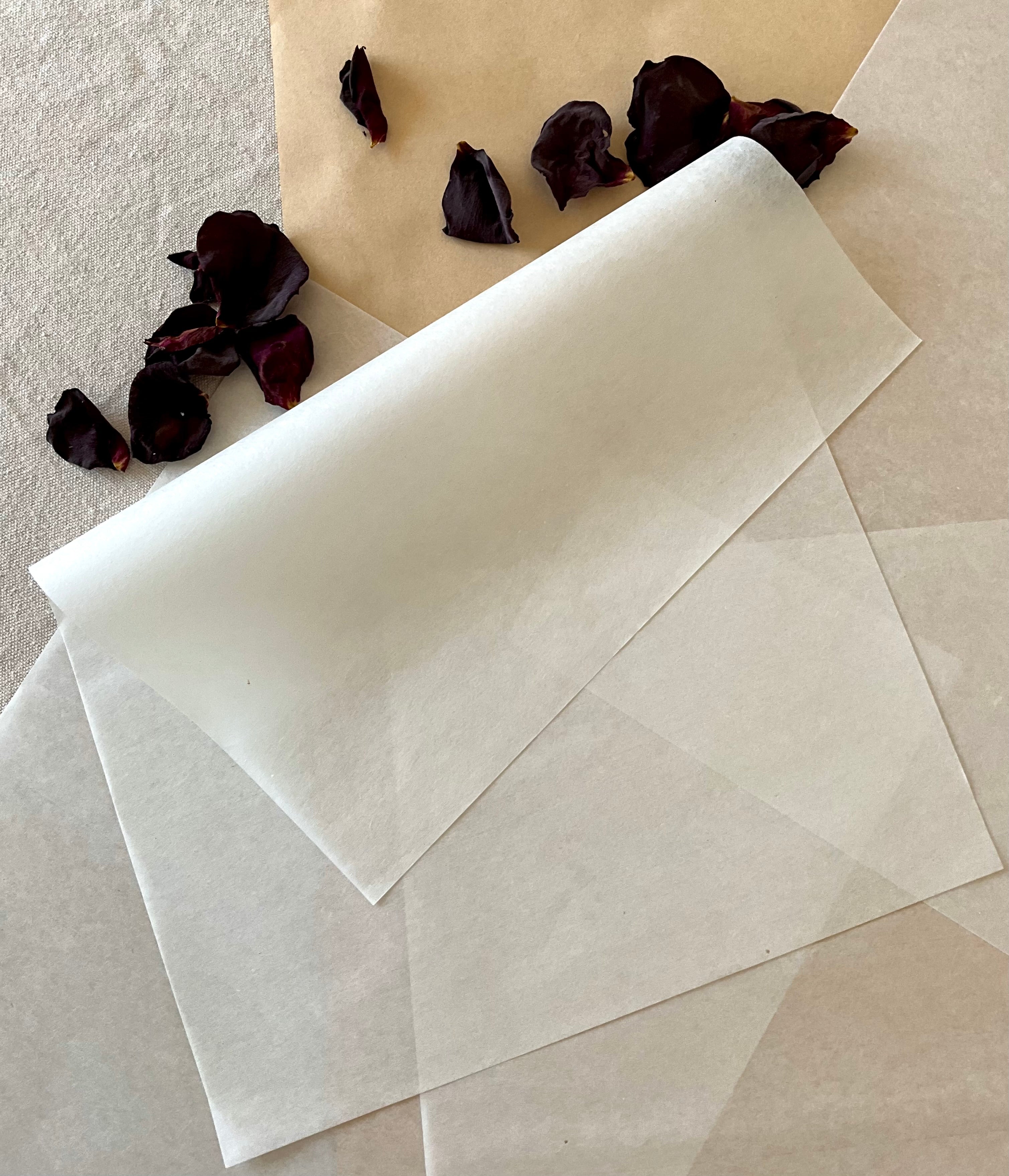 Multiple sheets of hanshi paper layered at angles on a neutral background with dried rose petals, the translucency of the top sheet allowing the shadow of the layer beneath to show through, demonstrating how the paper absorbs and reveals ink