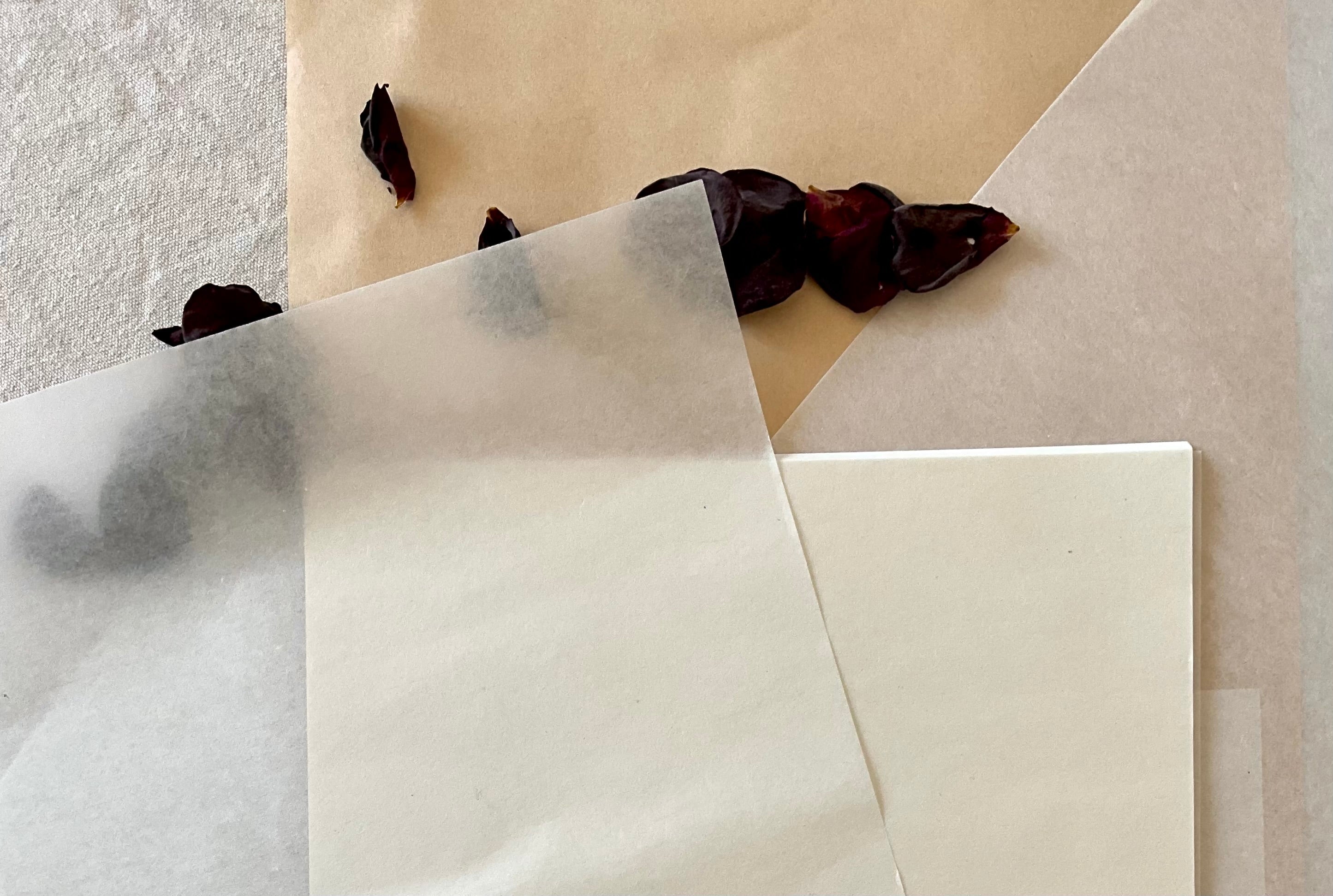 Two sheets of white Japanese hanshi paper overlapping slightly on washi and kraft paper background with dried dark rose petals at upper left, top-down view showing the thin translucent quality of the paper