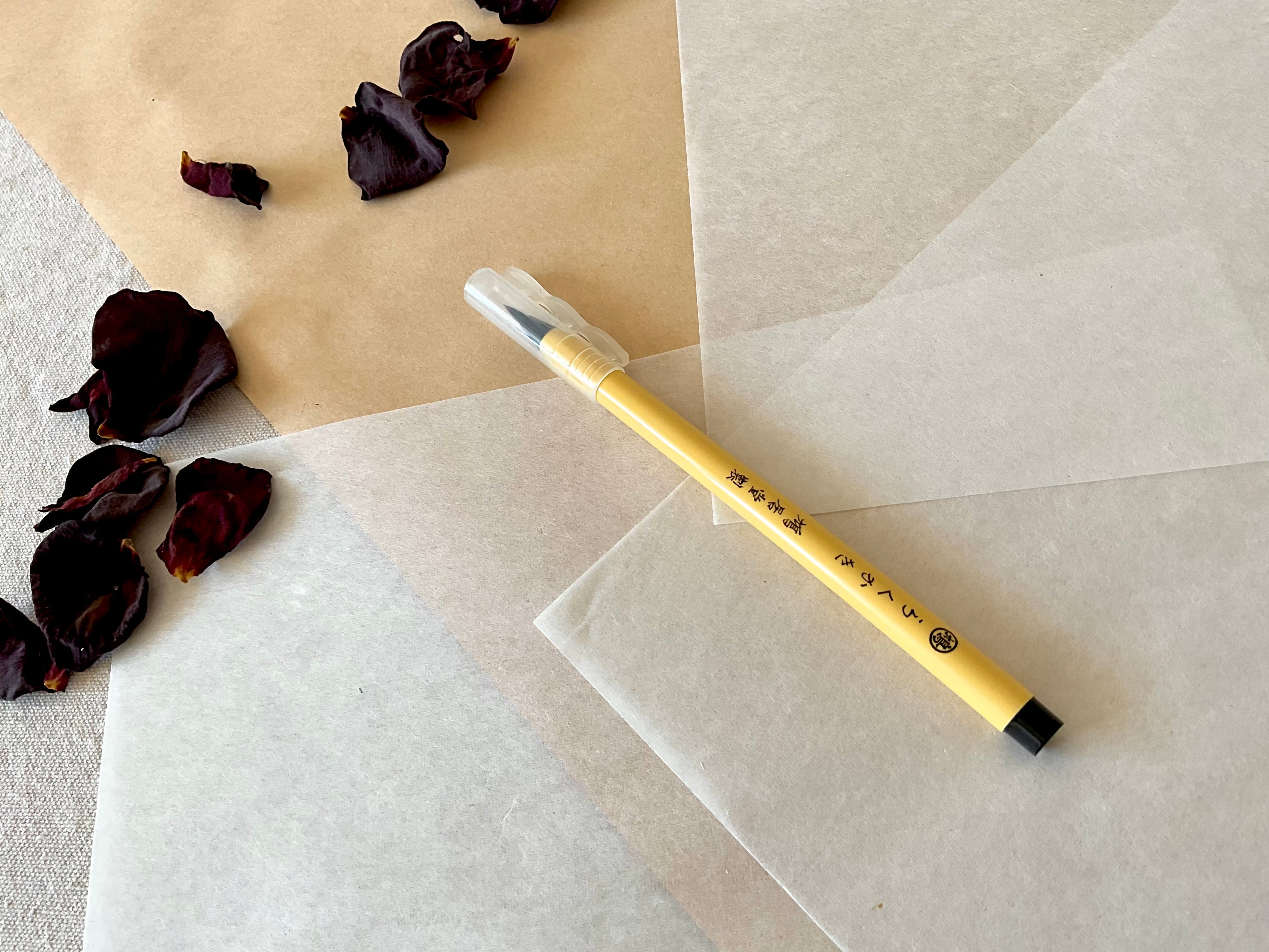 Kyukyodo Rakuka brush pen lying diagonally on washi paper background with dried petals