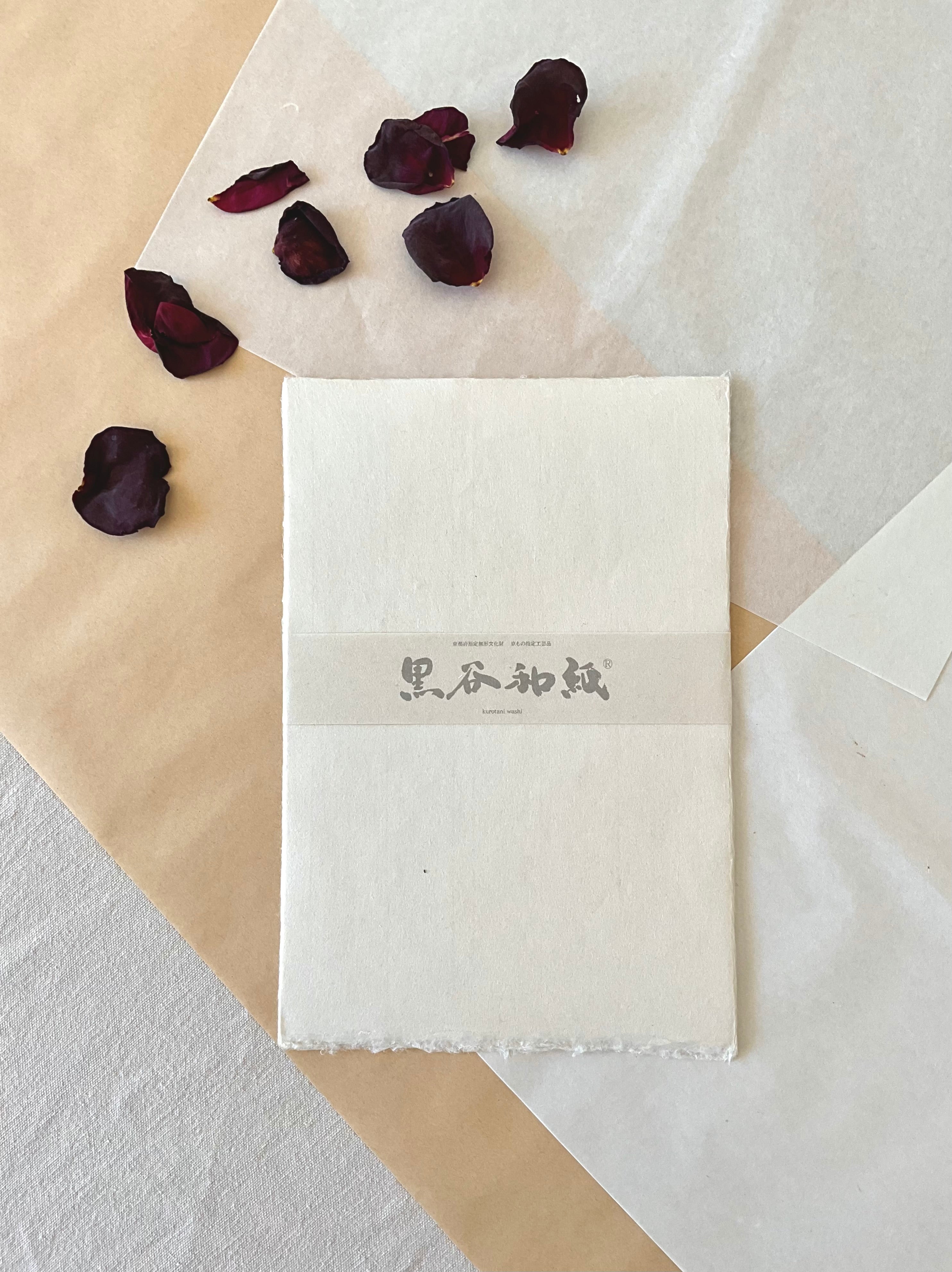 Kurotani washi paper pack showing thick kozo fiber texture and feathered deckled edge detail