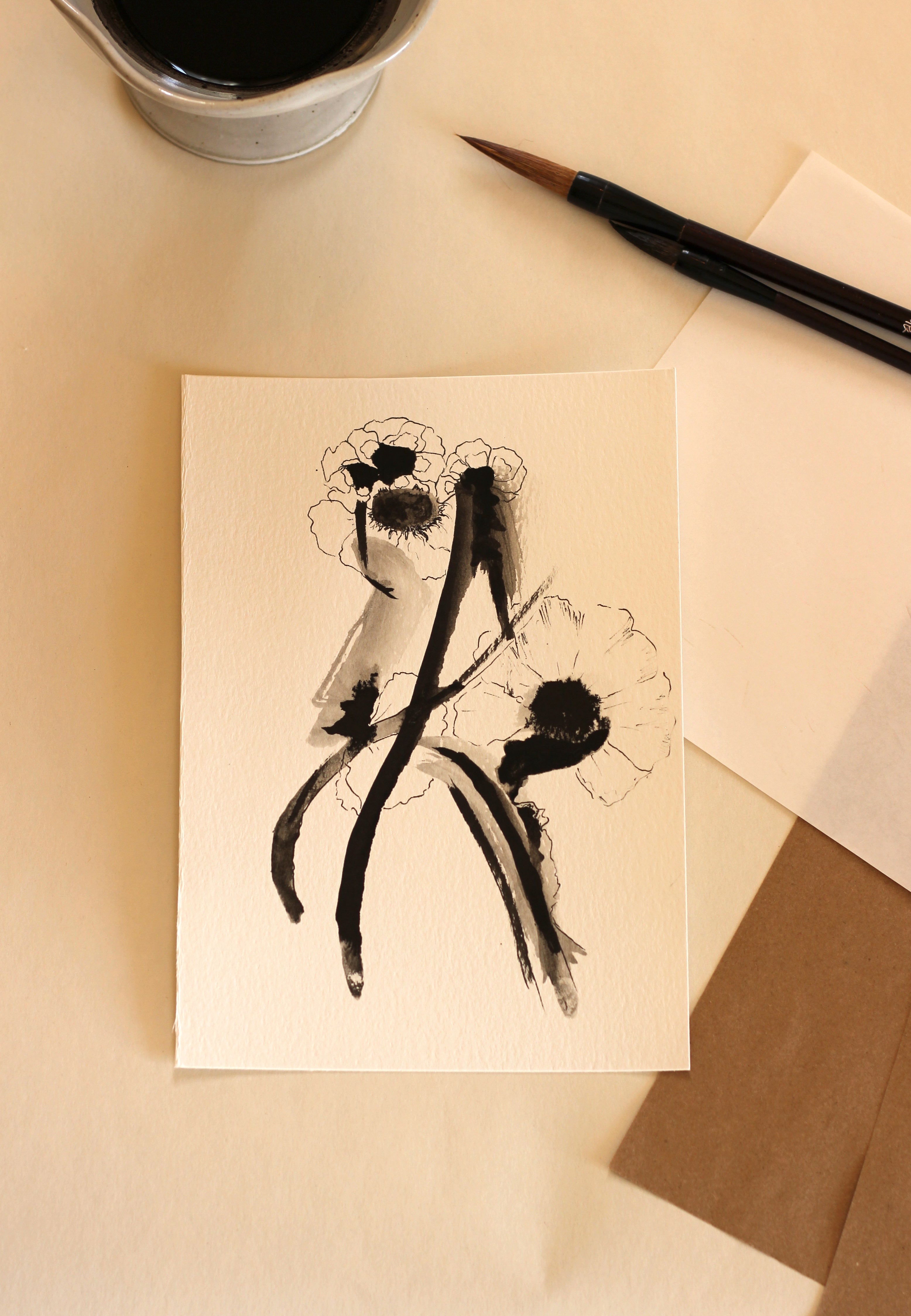 Sumi-e Inspired Floral - Original Ink Drawing A5