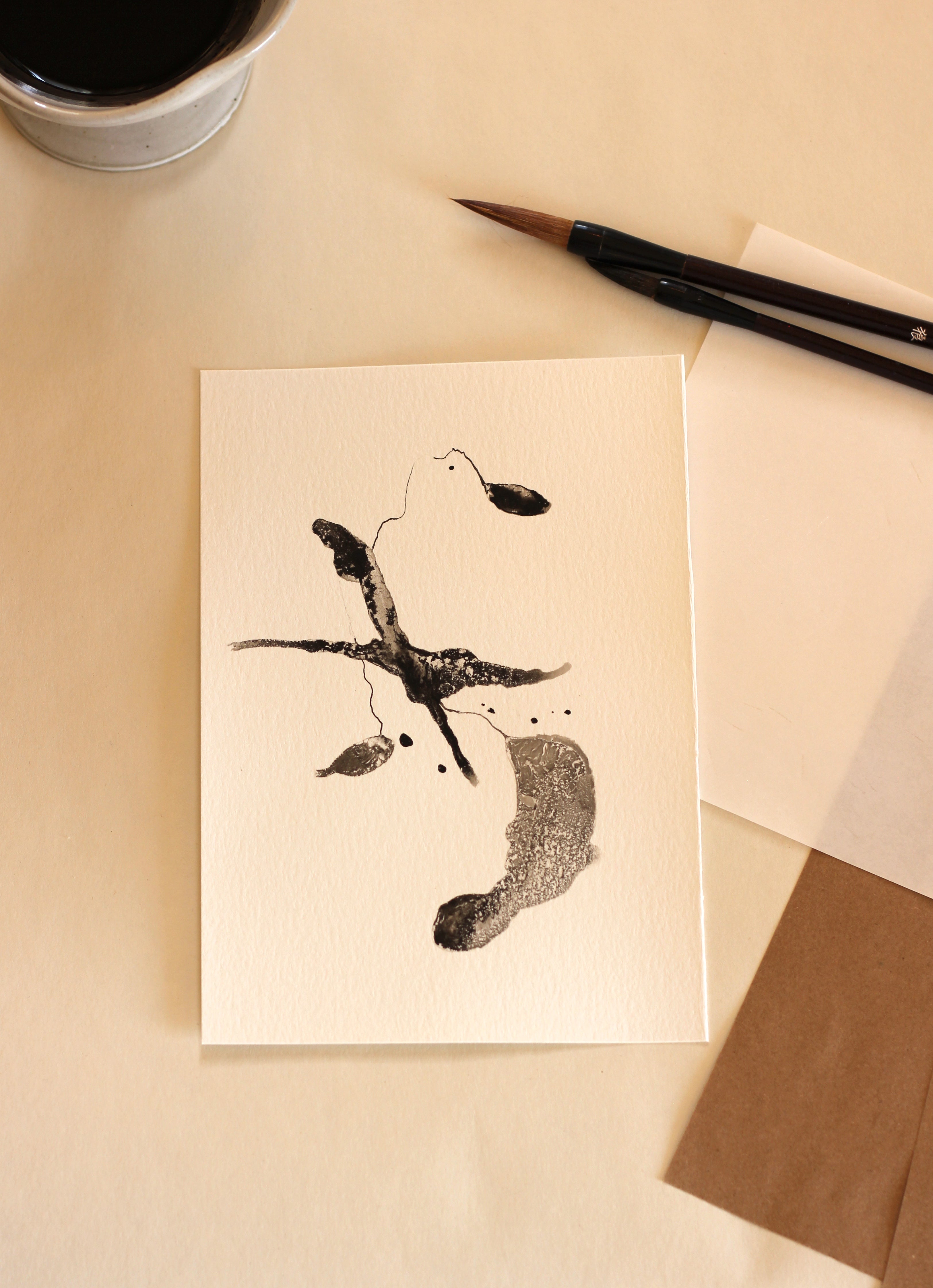 Abstract Ink Drawing - Japanese Inspired Original Art on Watercolor Paper A5