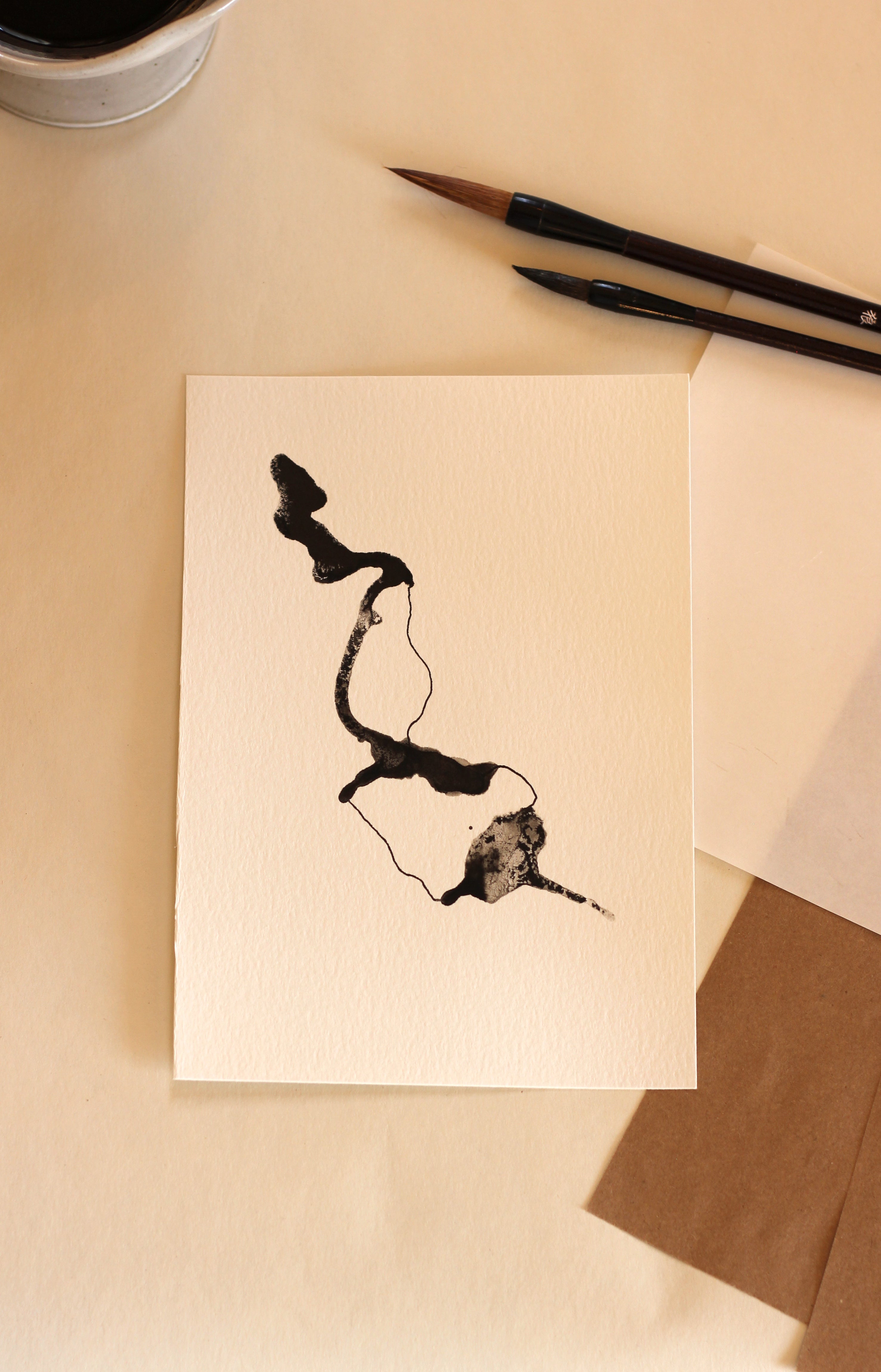 Japanese Minimalist Ink Art - Original A5 Drawing on Watercolor Paper