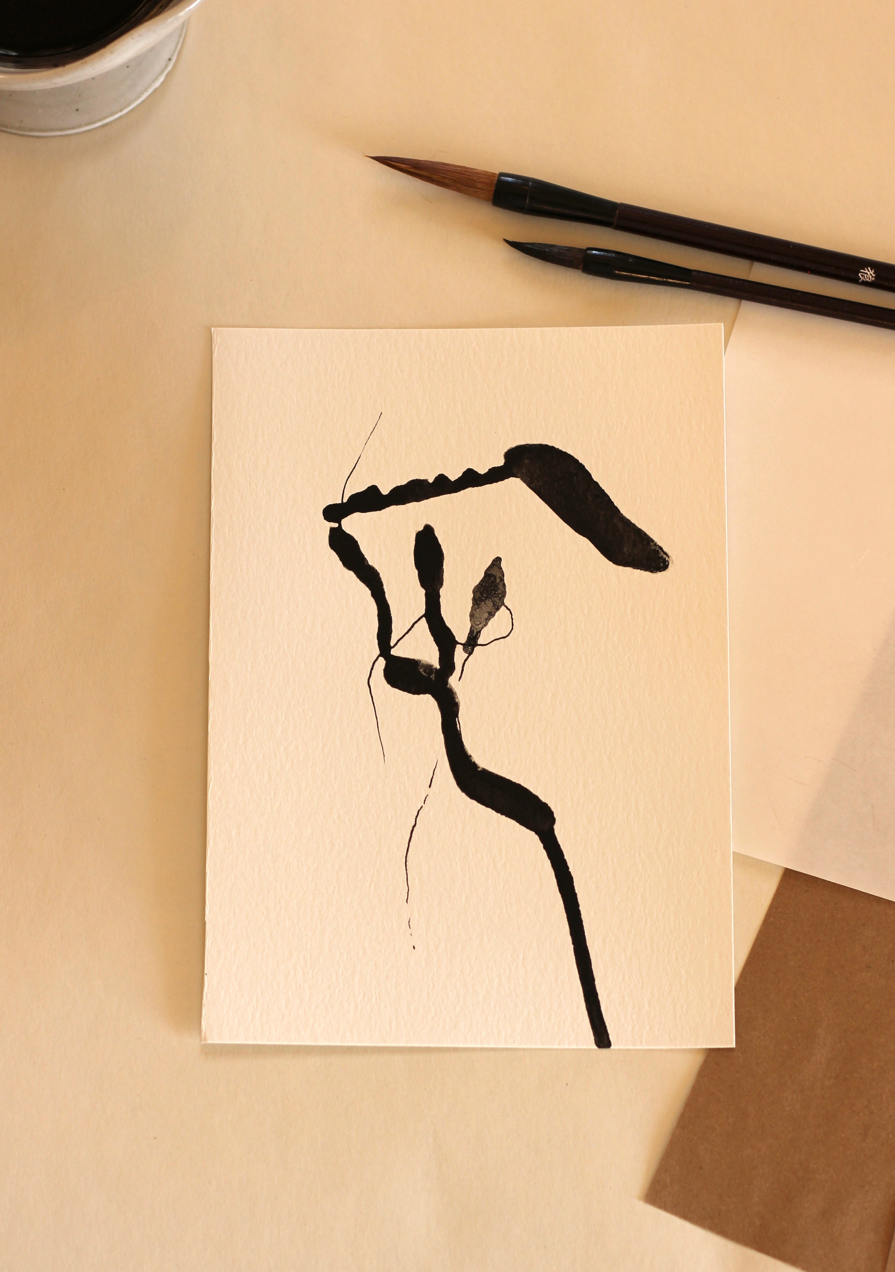 Japanese Minimalist Ink Art - Original A5 Drawing on Watercolor Paper