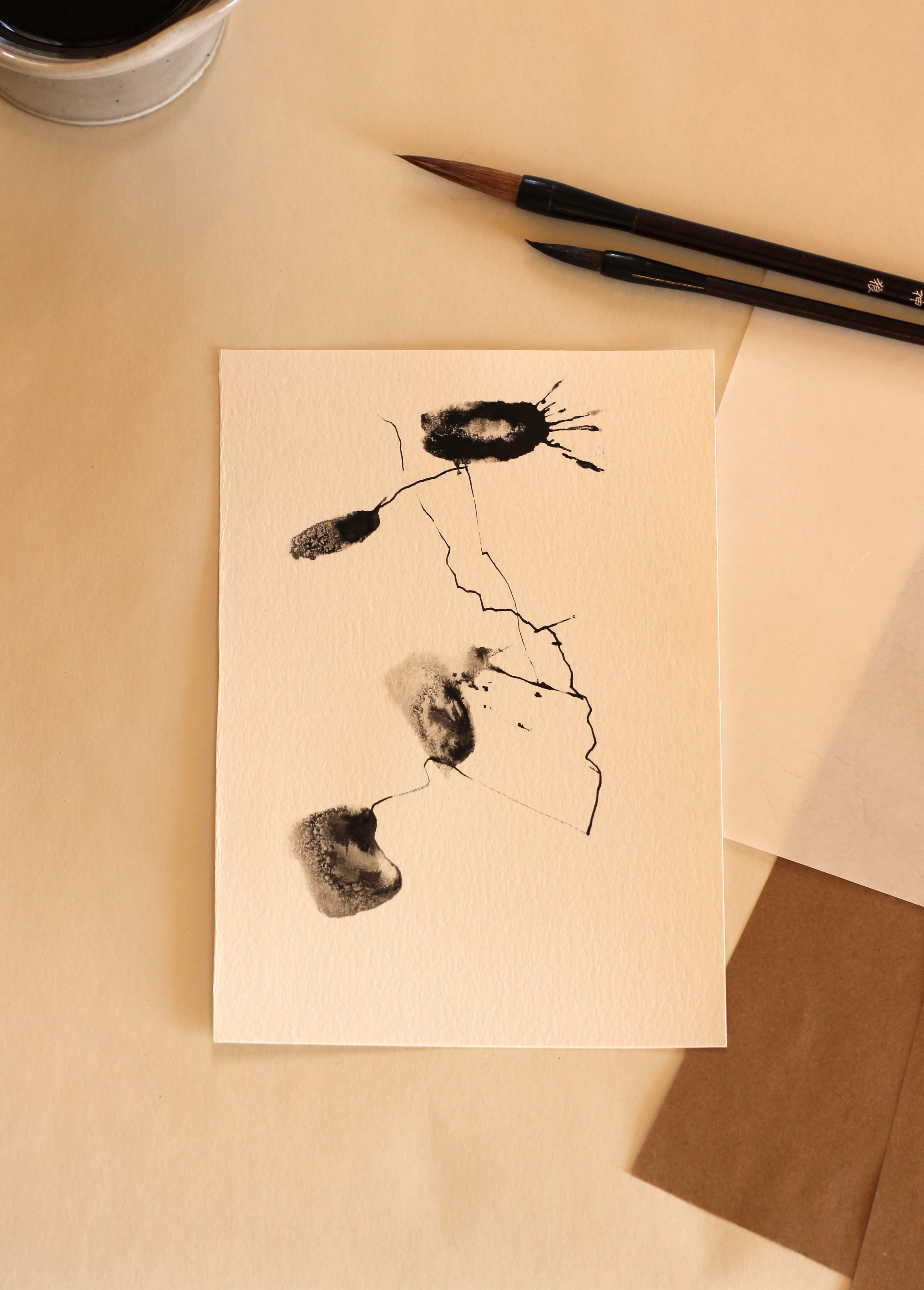 Abstract Ink Drawing - Japanese Inspired Original Art on Watercolor Paper A5